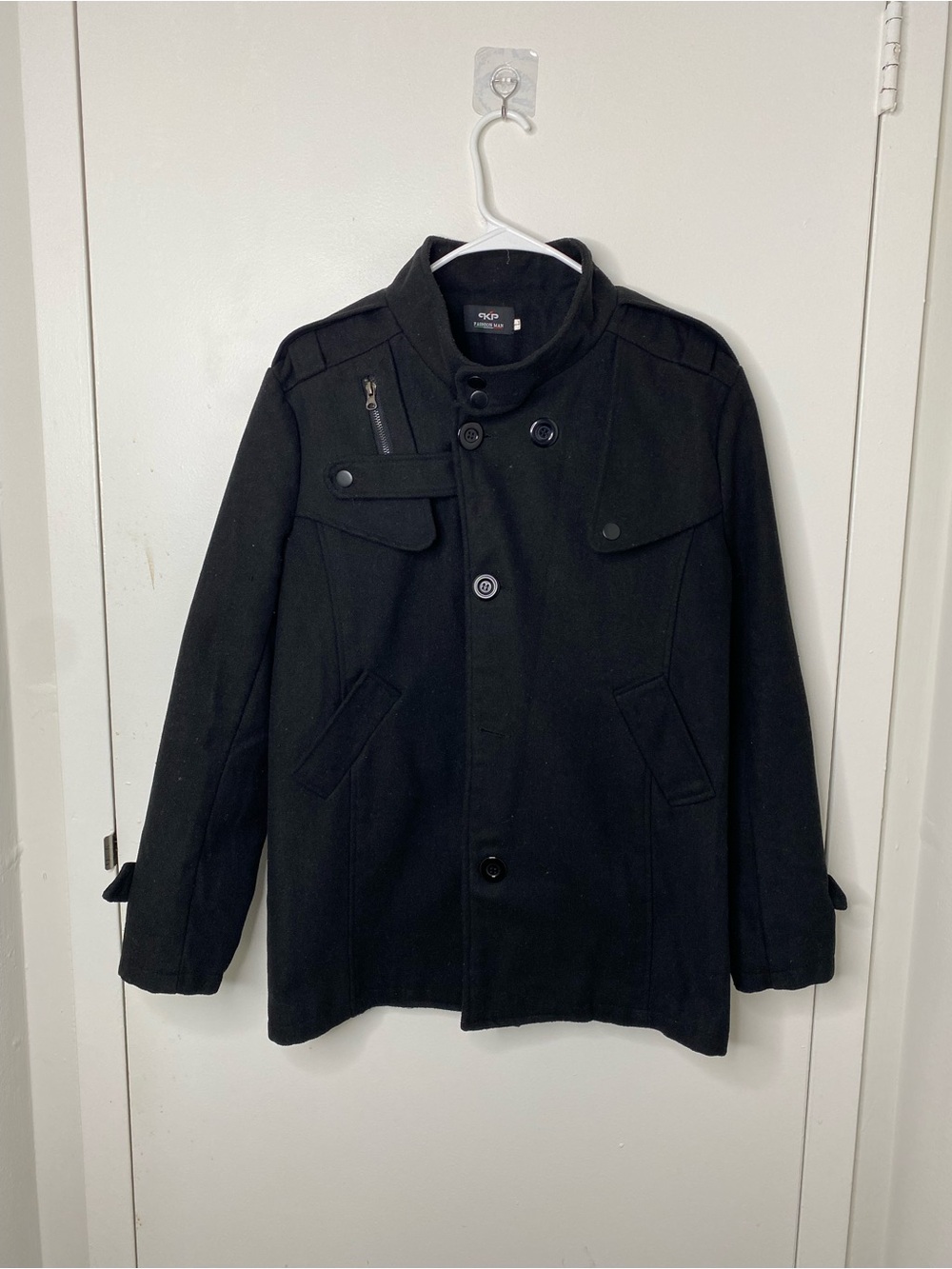 Kenneth Cole Reaction Black Military-Style Pea Coat